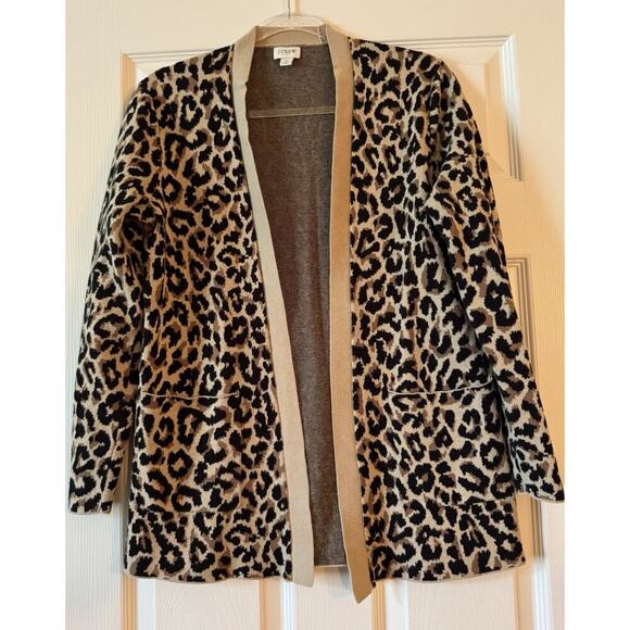 J Crew Leopard Print Open Front Cardigan 100% Cotton Neutral Tan/Blk Size S - Picture 1 of 8